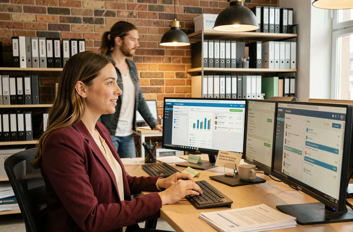 Spécialiste de gestion locative de l'agence Immium à Strasbourg travaillant sur des tableaux de bord numériques