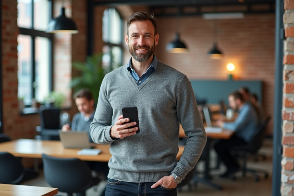 Travailleur indépendant consultant son application de néobanque professionnelle sur smartphone dans un espace de coworking