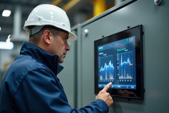 Ingénieur industriel configurant les paramètres de sécurité sur un panneau de contrôle CMUT en usine
