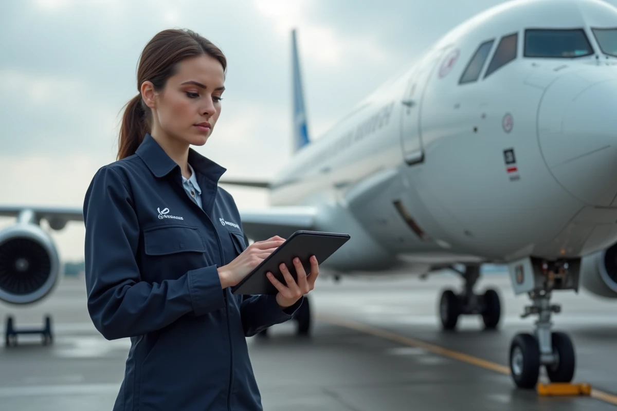 Jeune femme ingénieure vérifie une liste sur tablette près d’un Airbus