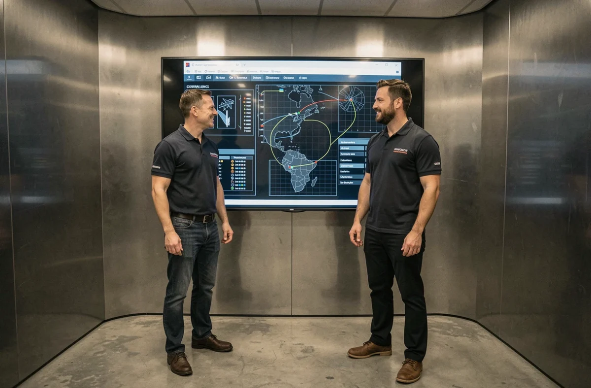 Ingénieurs en défense analysant des schémas de contrats aérospatiaux sur un écran interactif dans une salle de briefing sécurisée