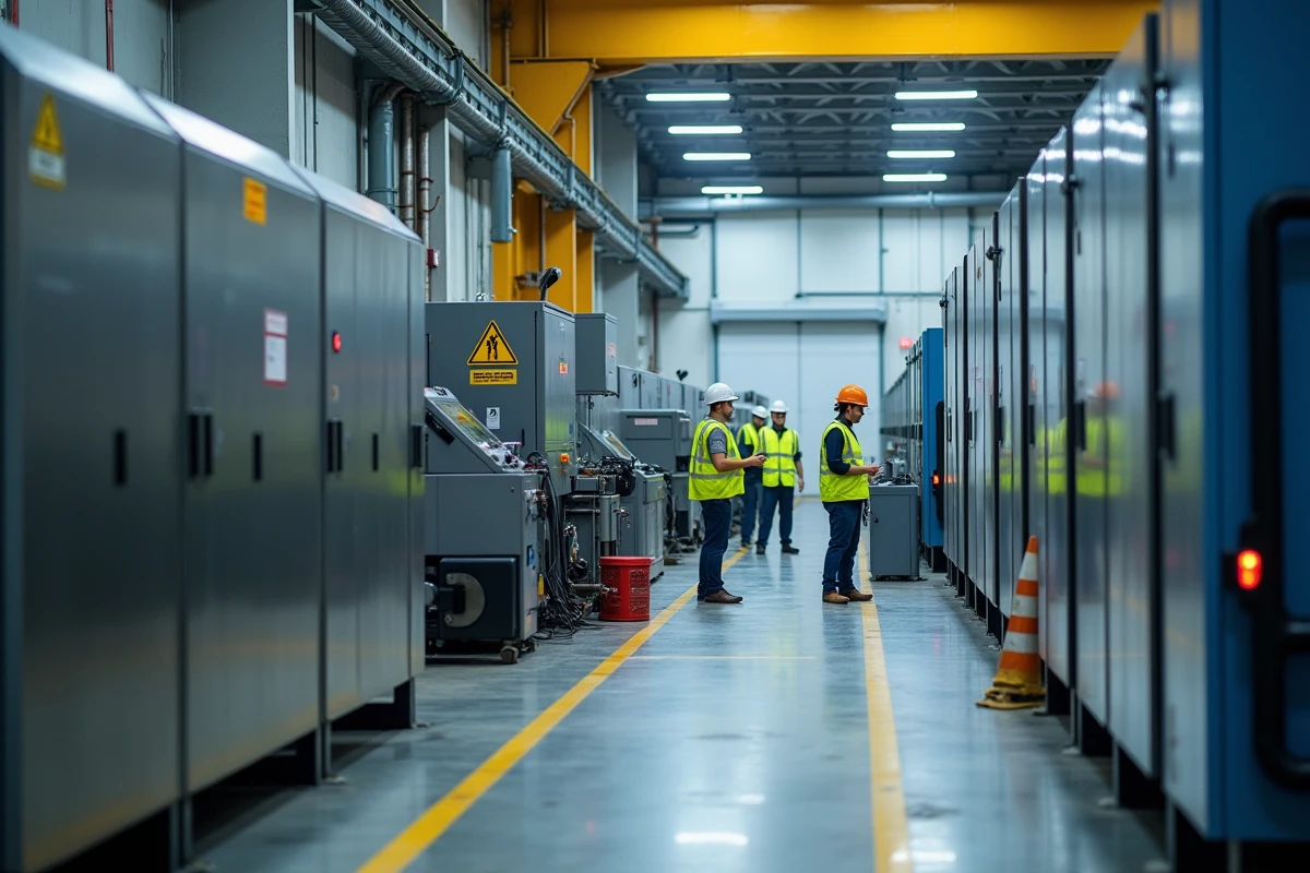 Vue grand angle d'une installation industrielle moderne avec équipements de traitement plasma et ouvriers en gilets de sécurité, symbolisant les activités industrielles d'Europlasma et ses perspectives d'avenir