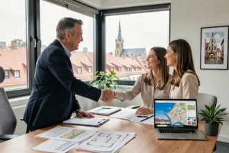Un conseiller en investissement locatif rencontrant un couple dans un bureau moderne avec vue sur Strasbourg