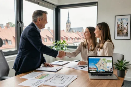Un conseiller en investissement locatif rencontrant un couple dans un bureau moderne avec vue sur Strasbourg