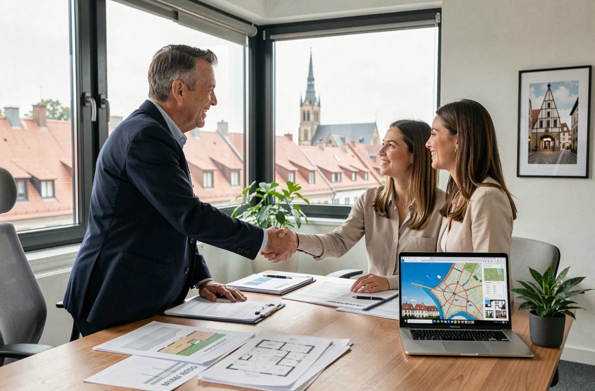 Un conseiller en investissement locatif rencontrant un couple dans un bureau moderne avec vue sur Strasbourg