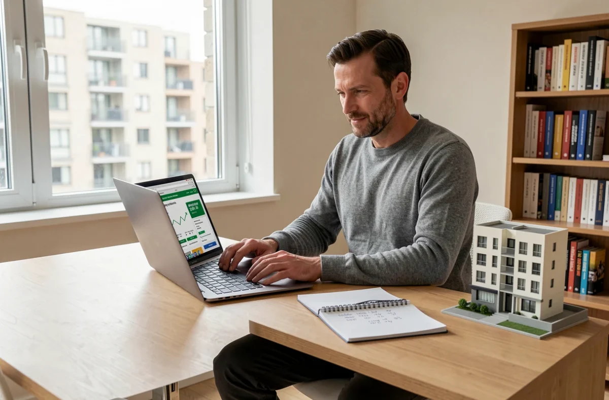 Investisseur immobilier comparant les meilleurs taux bancaires en ligne pour un projet locatif rentable