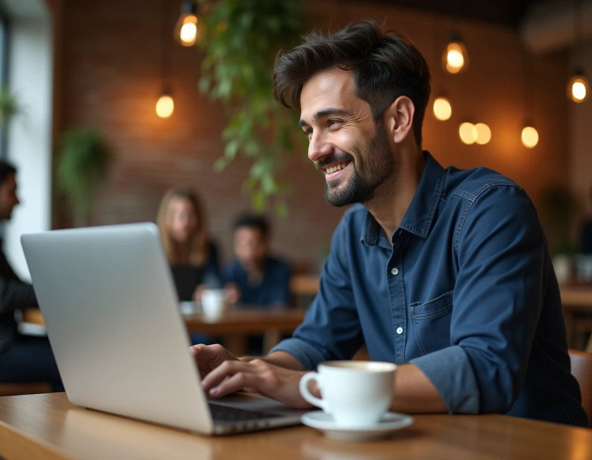 Homme apprenant à investir en bourse sur son ordinateur portable dans un café urbain moderne
