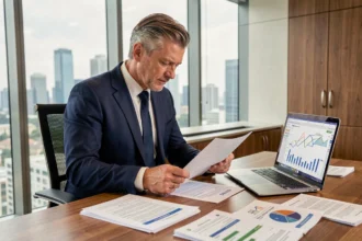 Homme en costume consultant des documents d'investissement SCPI dans un bureau moderne avec vue sur la ville