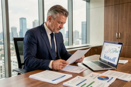 Homme en costume consultant des documents d'investissement SCPI dans un bureau moderne avec vue sur la ville