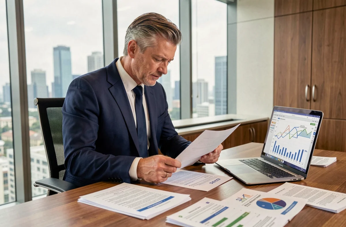 Homme en costume consultant des documents d'investissement SCPI dans un bureau moderne avec vue sur la ville