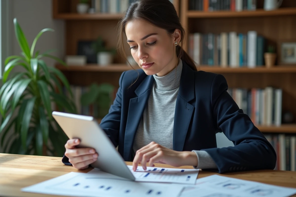 Investisseuse analysant des rapports financiers et des données boursières sur tablette dans un bureau à domicile, illustrant la prise de décision d'investissement avant l'achat d'actions Europlasma
