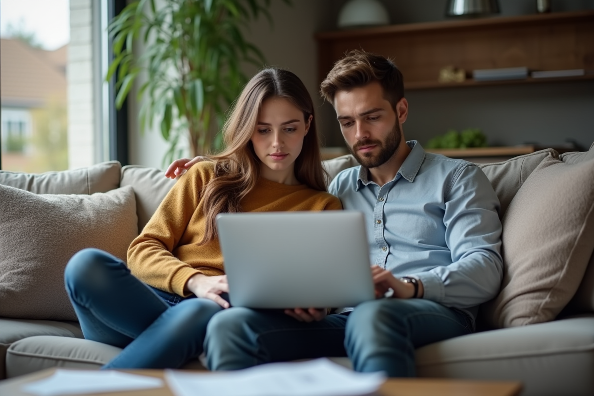 Jeune couple regardant leur banque sur un ordinateur