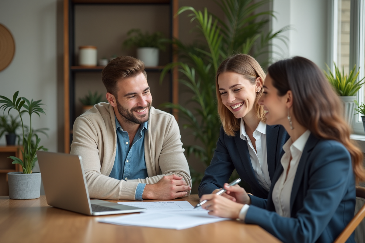 Jeune couple avec une professionnelle examine des documents de prêt immobilier