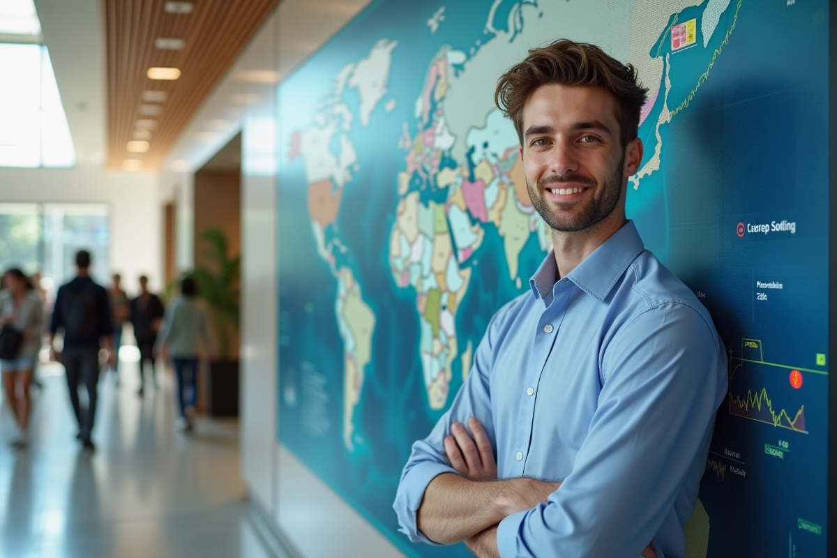 Jeune économiste devant une carte du monde dans un atrium universitaire