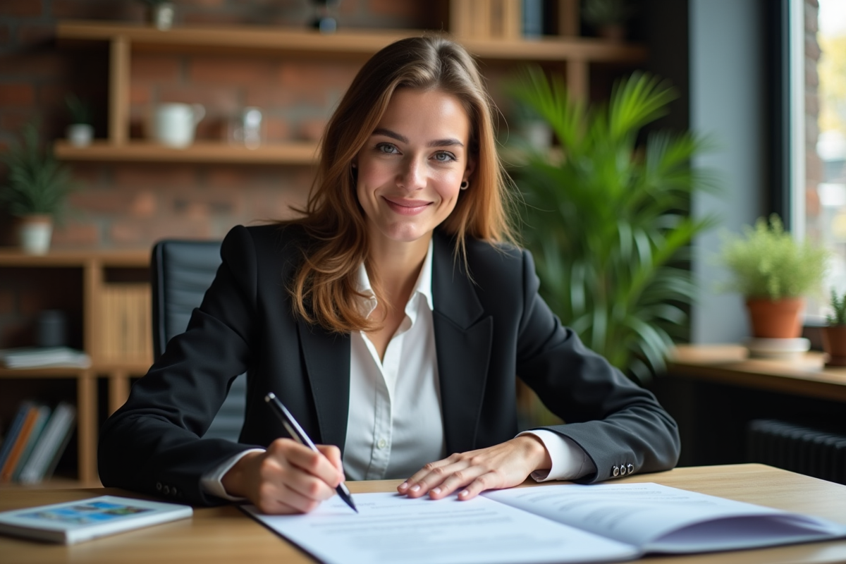 Jeune entrepreneure signant un contrat de prêt dans un bureau cosy