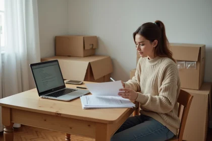 Jeune femme consultant sa demande d'APL sur ordinateur portable entourée de cartons lors d'un déménagement