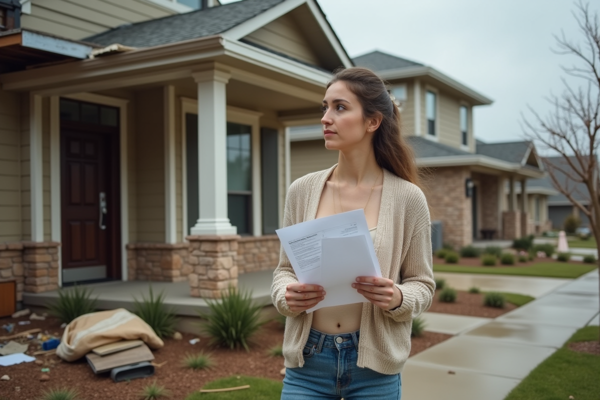 Jeune femme regardant sa maison endommagée avec un document d