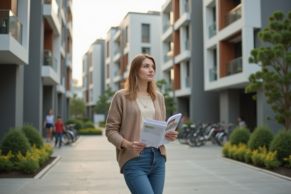 Jeune femme regardant un bâtiment résidentiel neuf en extérieur