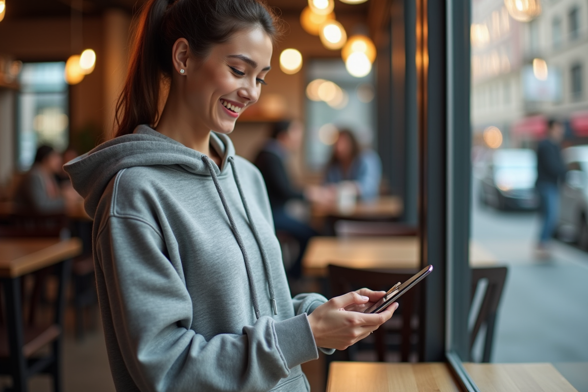 Jeune femme utilisant sa carte sans contact dans un café animé