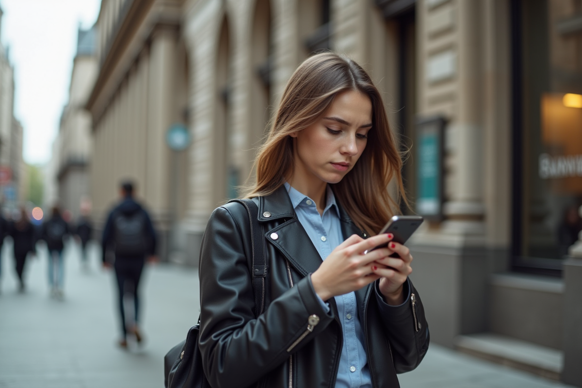 Jeune femme en extérieur regardant son téléphone devant une banque
