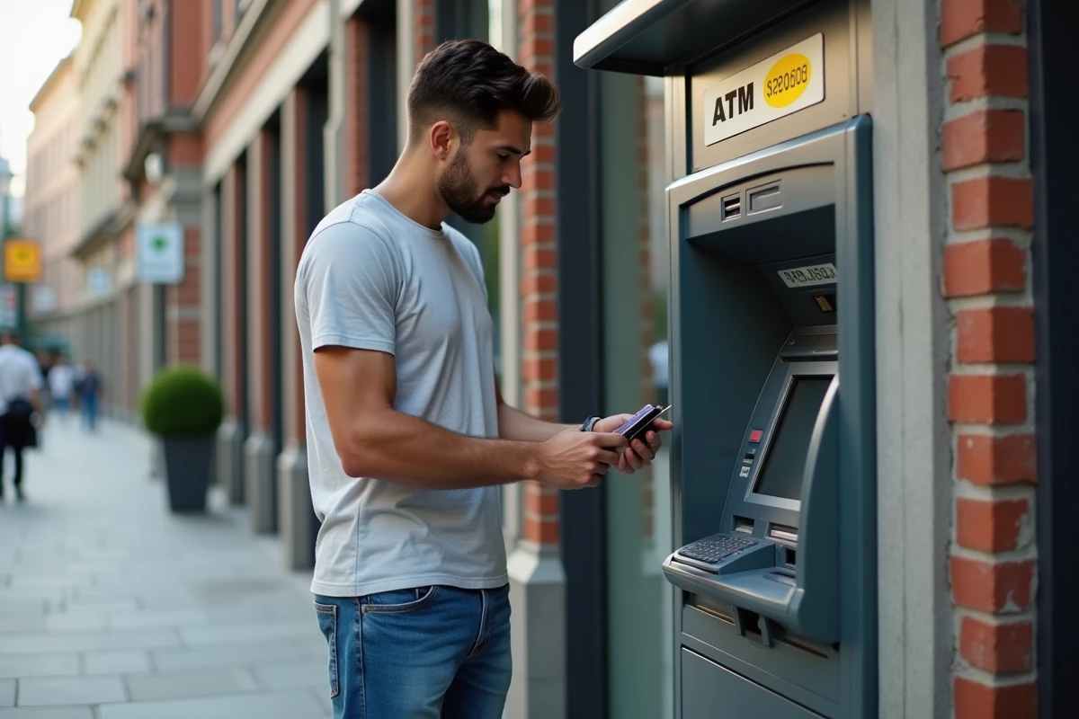 Jeune homme utilisant un distributeur automatique en ville