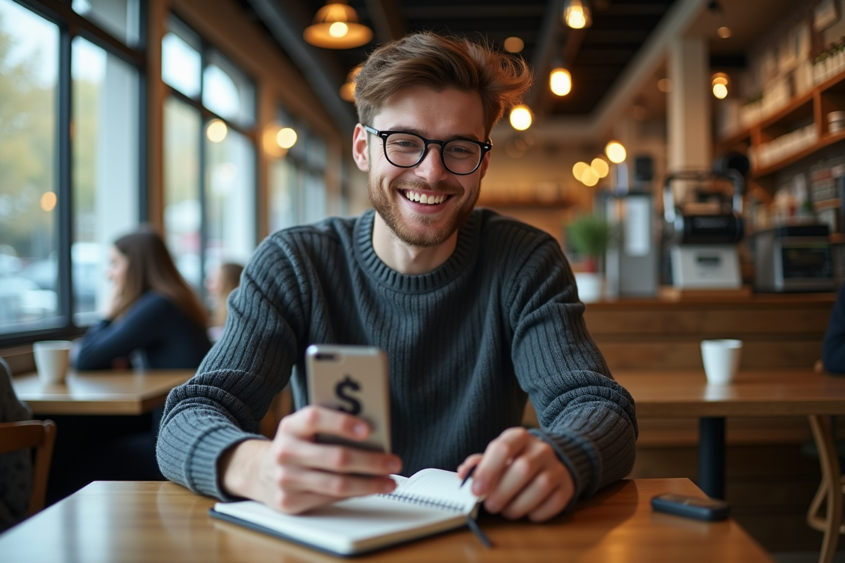 Jeune homme au café tient un smartphone avec symbole de devise