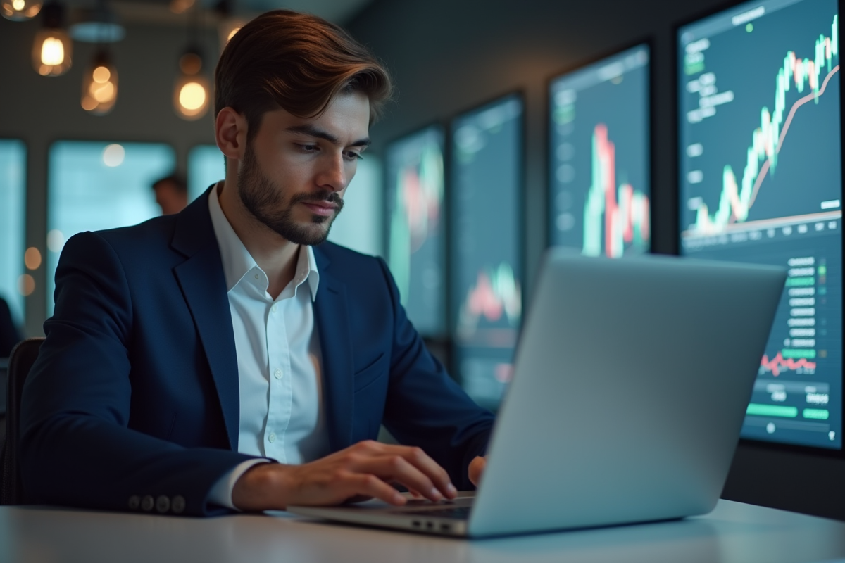 Jeune homme analysant des graphiques de cryptomonnaie au bureau
