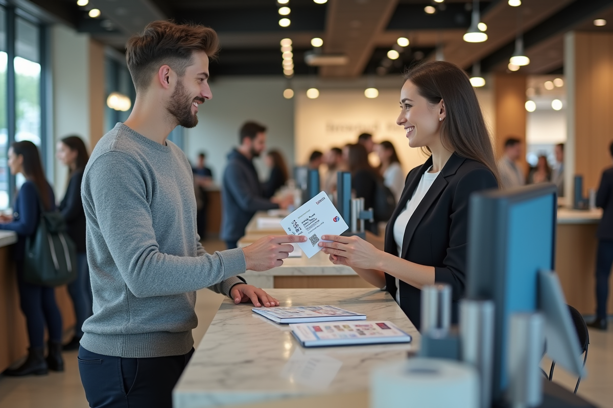 Jeune homme reçoit sa carte bancaire au guichet bancaire
