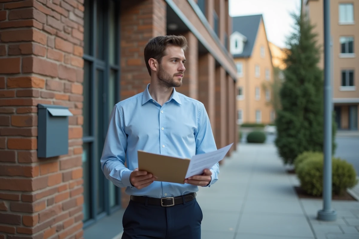 Jeune homme vérifiant des papiers devant un immeuble