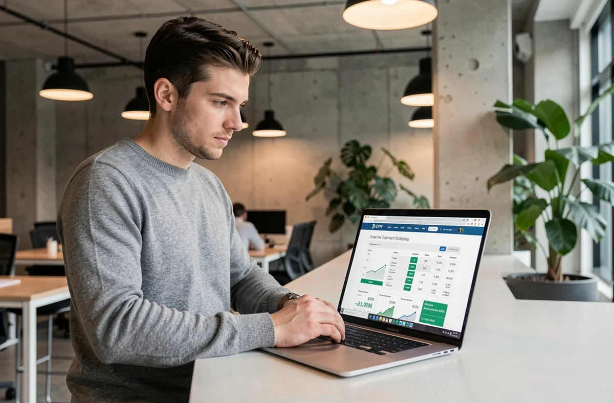 Jeune investisseur consultant un comparateur de SCPI sur son ordinateur dans un espace de coworking