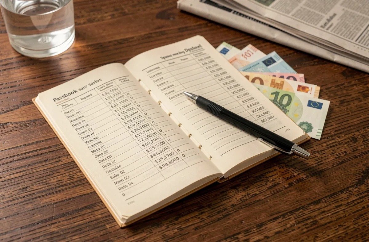 Livret A ouvert avec des billets en euros et un stylo sur une table en bois symbolisant l'épargne
