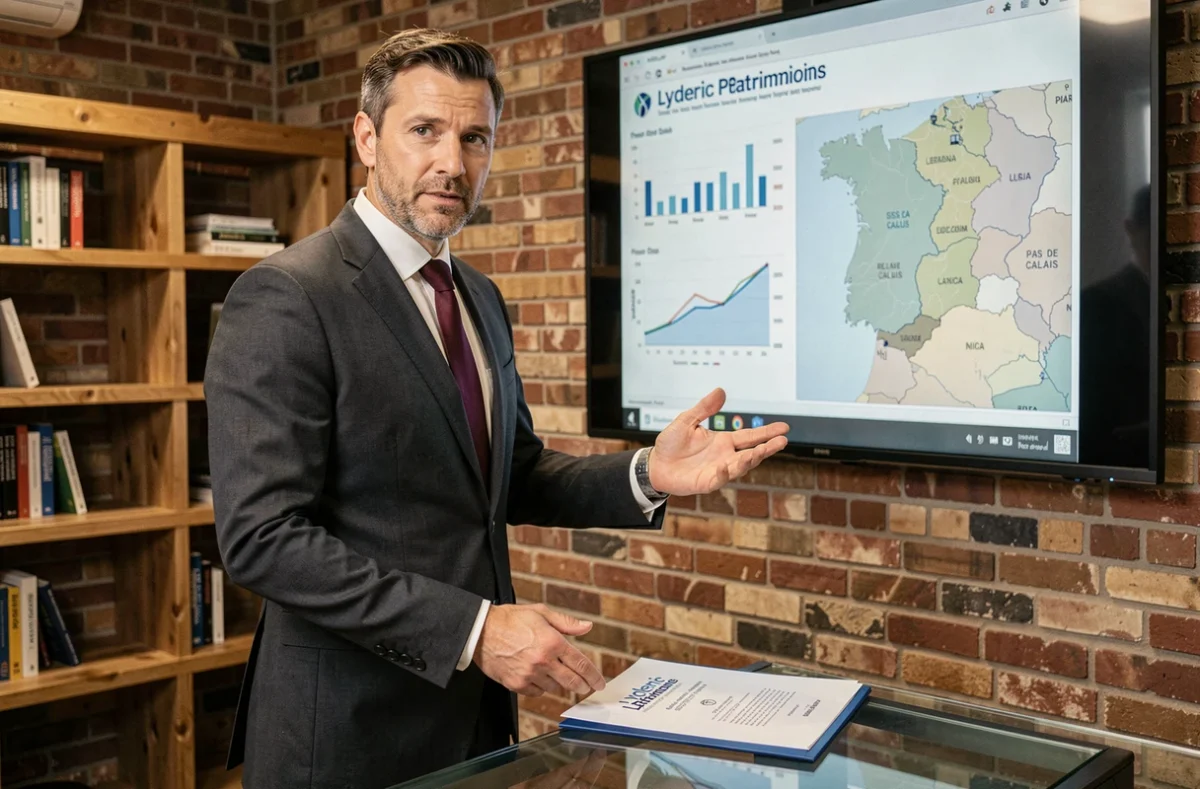 Conseiller patrimonial de Lyderic Patrimoine présentant un portefeuille d'investissement locatif dans un bureau professionnel