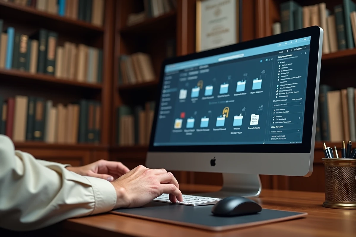 Mains tapant sur un clavier pour accéder à un coffre-fort numérique sécurisé sur ordinateur de bureau