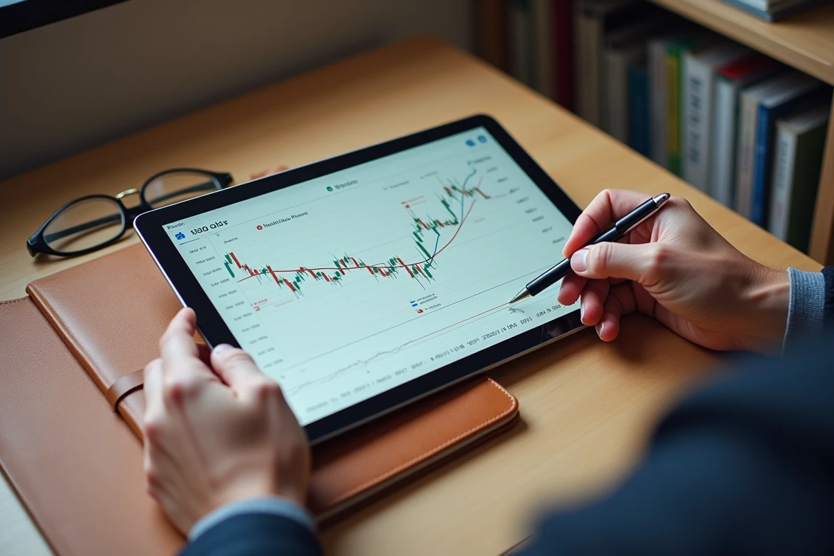 Mains d'un analyste annotant un graphique boursier avec des formations double bottom et double top sur tablette