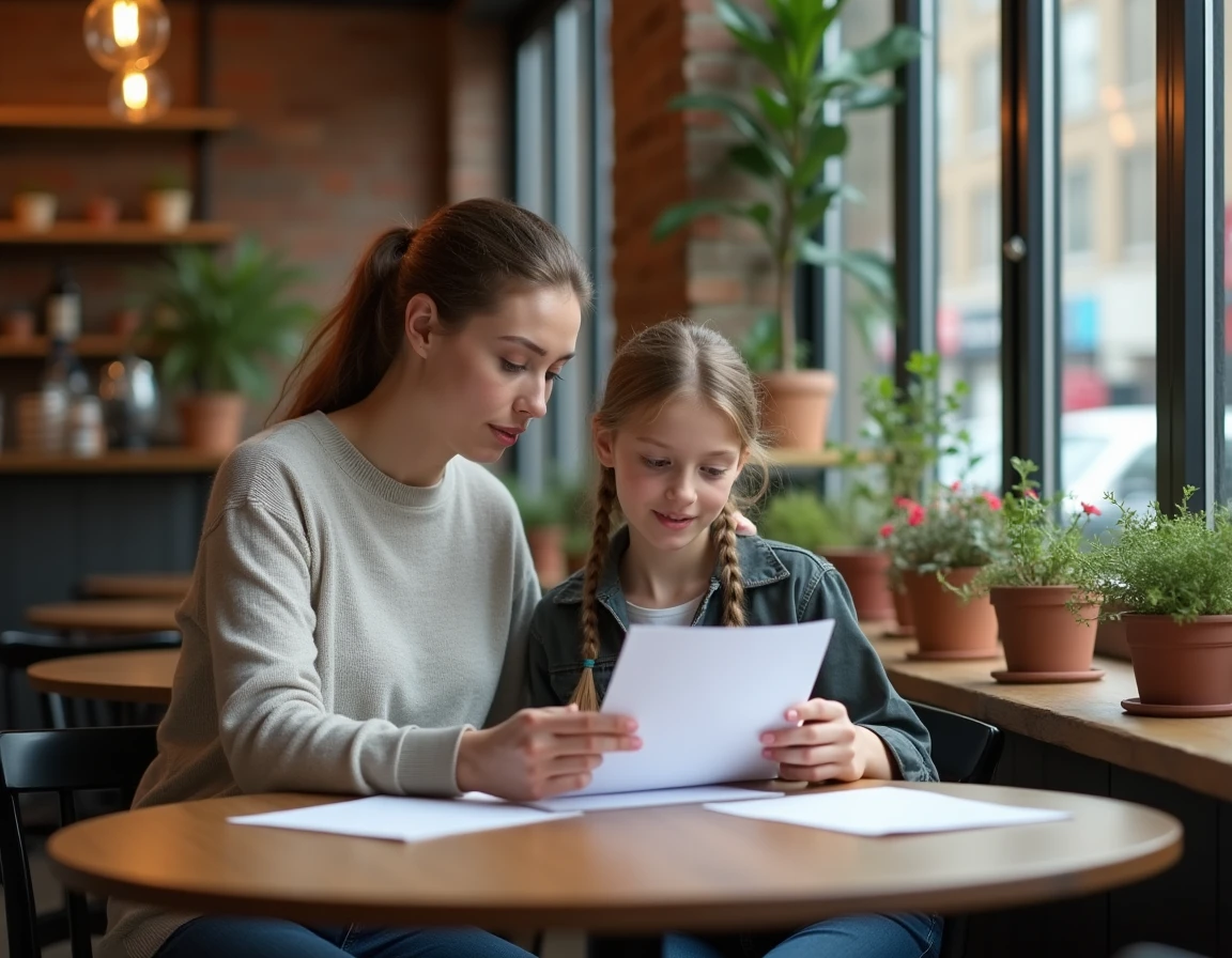 Mère et fille adolescente discutant du prix et des avantages d'une carte Pixpay comparée à une banque traditionnelle pour mineur dans un café