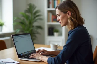 Femme utilisant la messagerie sécurisée de La Banque Postale sur son ordinateur portable depuis son bureau à domicile