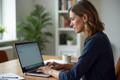 Femme utilisant la messagerie sécurisée de La Banque Postale sur son ordinateur portable depuis son bureau à domicile