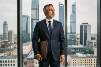 Homme d'affaires du Moyen-Orient en costume sombre devant une vue panoramique d'une métropole européenne, symbolisant le pouvoir financier du PSG et de Nasser Al-Khelaïfi