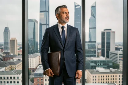 Homme d'affaires du Moyen-Orient en costume sombre devant une vue panoramique d'une métropole européenne, symbolisant le pouvoir financier du PSG et de Nasser Al-Khelaïfi