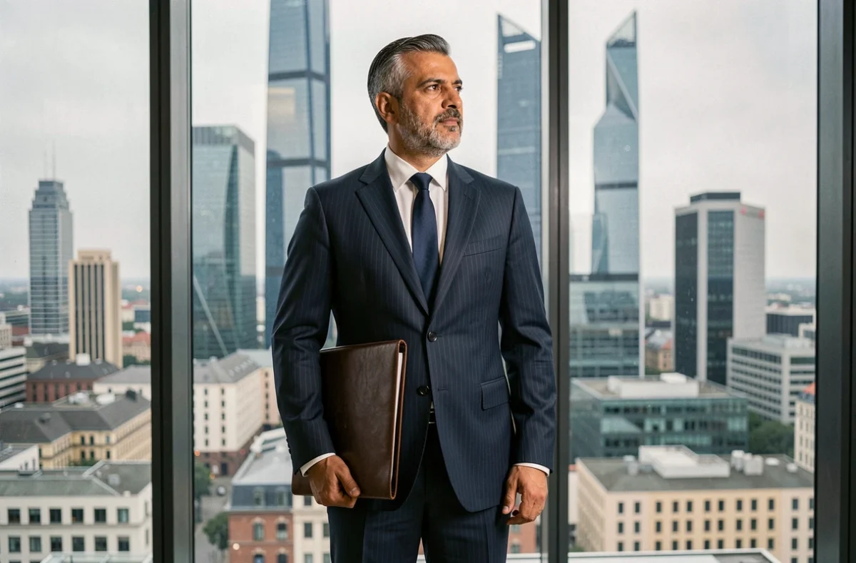 Homme d'affaires du Moyen-Orient en costume sombre devant une vue panoramique d'une métropole européenne, symbolisant le pouvoir financier du PSG et de Nasser Al-Khelaïfi