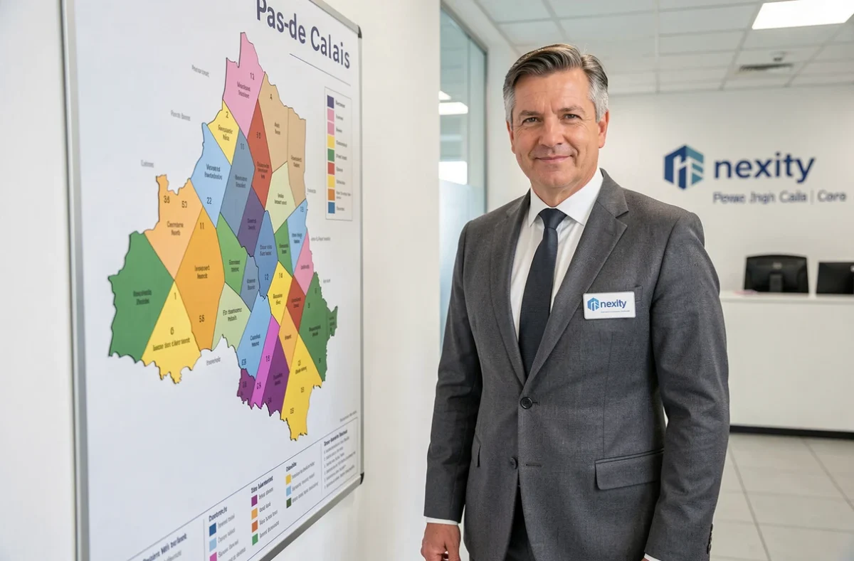 Conseiller Nexity Conseil et Transaction debout devant une carte des zones d'investissement locatif du Pas-de-Calais