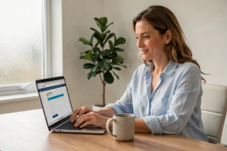 Femme ouvrant un compte Crédit Agricole du Languedoc en ligne depuis son bureau à domicile