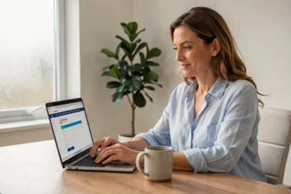 Femme ouvrant un compte Crédit Agricole du Languedoc en ligne depuis son bureau à domicile