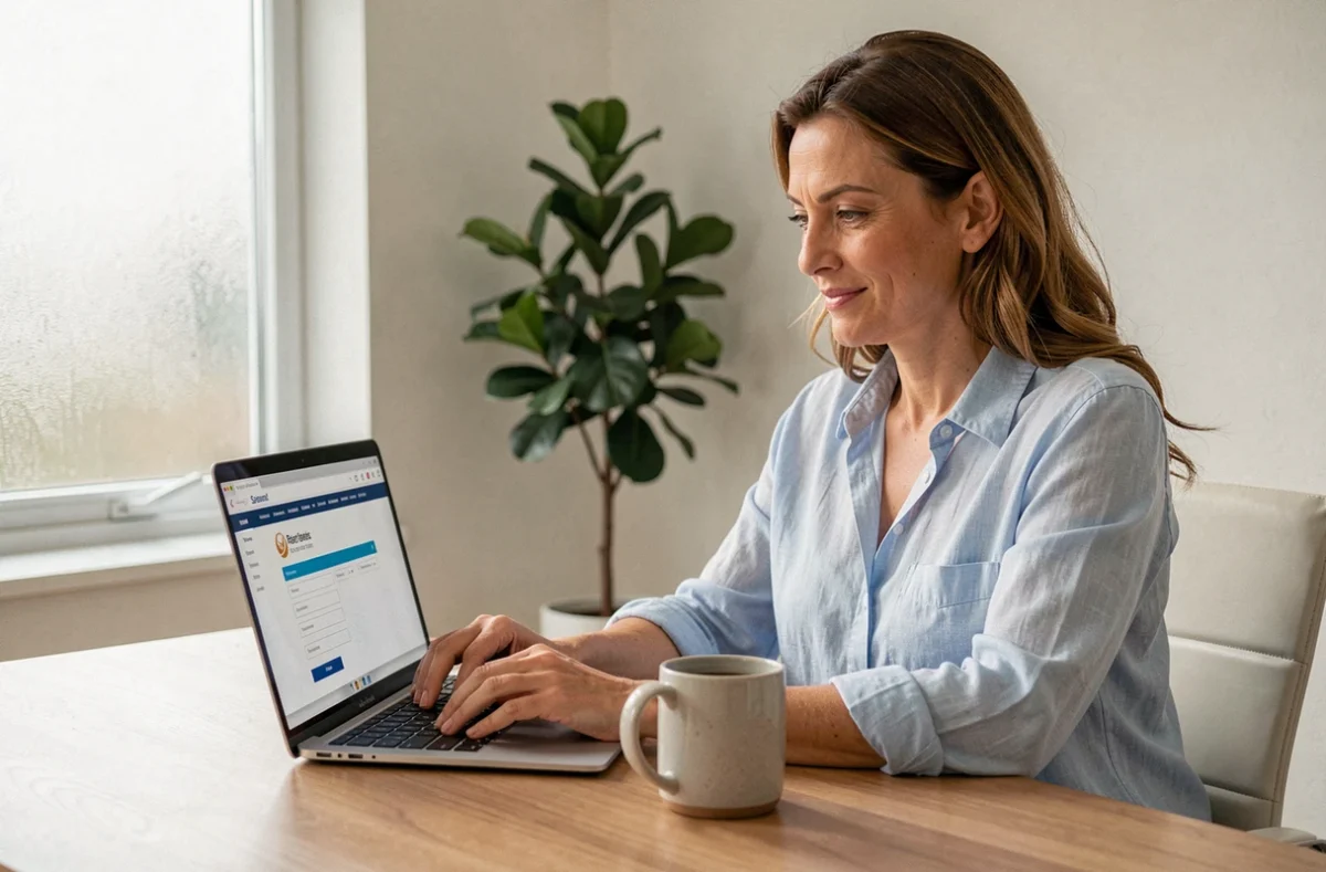 Femme ouvrant un compte Crédit Agricole du Languedoc en ligne depuis son bureau à domicile