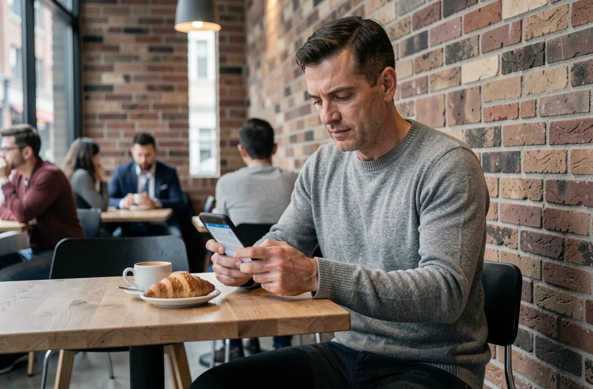 Homme utilisant son smartphone pour ouvrir un compte bancaire Crédit Agricole du Languedoc dans un café