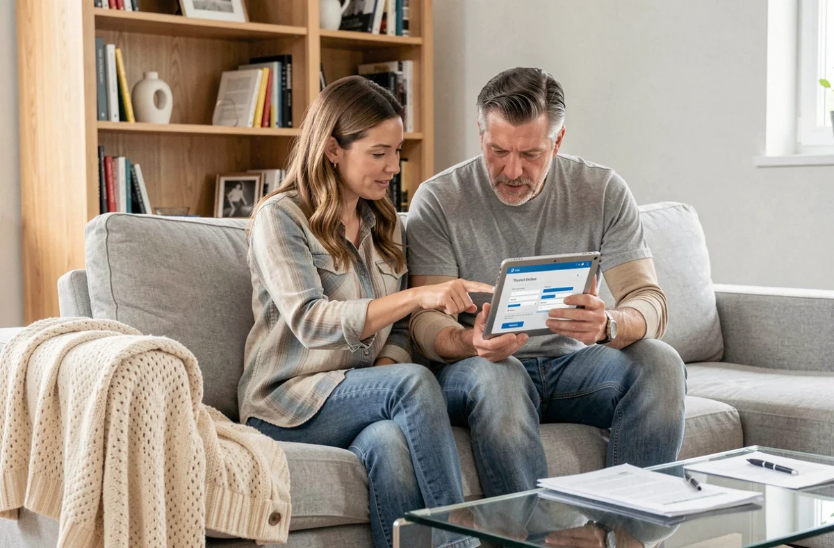 Couple consultant la procédure d'ouverture de compte Crédit Agricole du Languedoc sur tablette dans leur salon