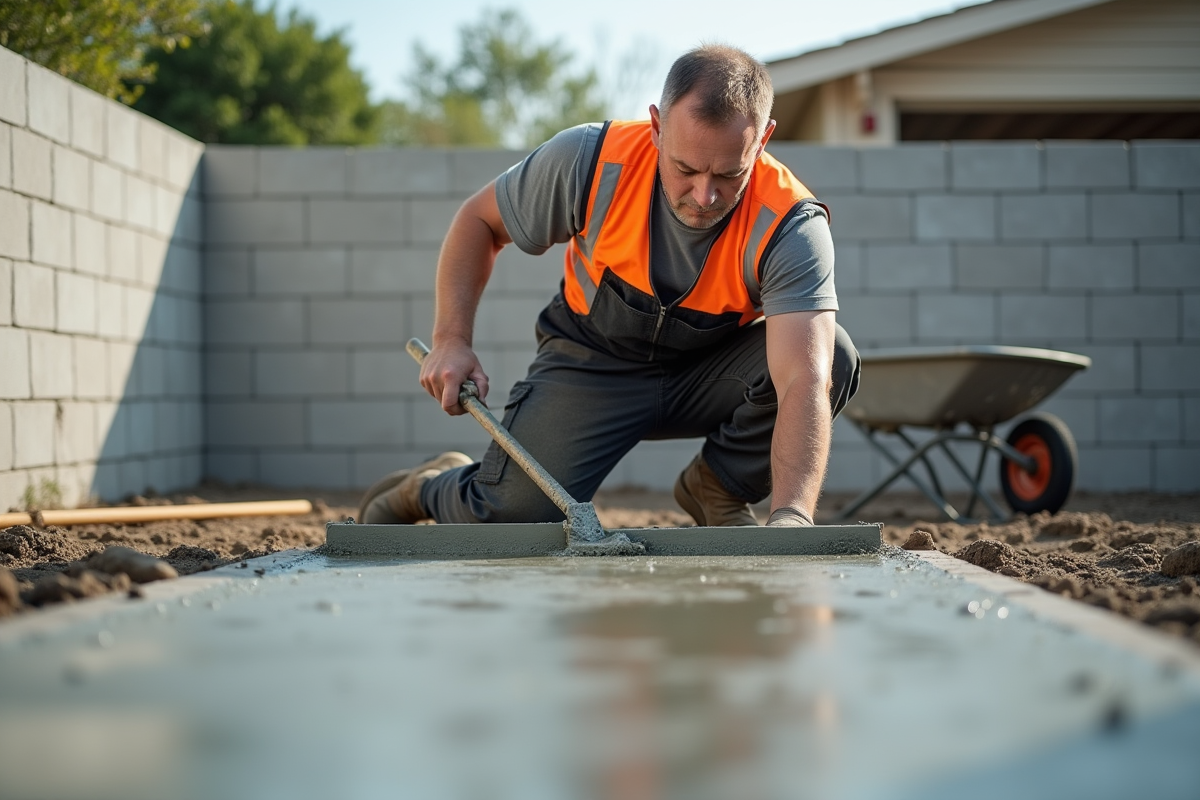 Ouvrier en travaux de bétonnage sur un chantier résidentiel