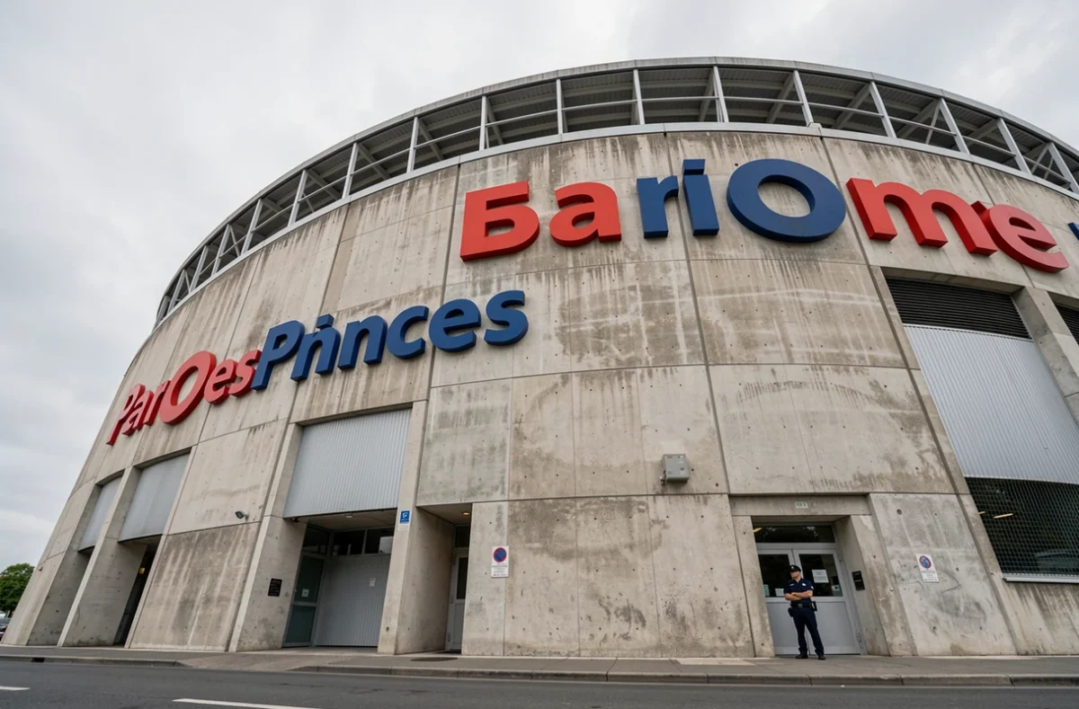 Façade monumentale du Parc des Princes à Paris, symbole de la puissance institutionnelle et financière du Paris Saint-Germain en Europe