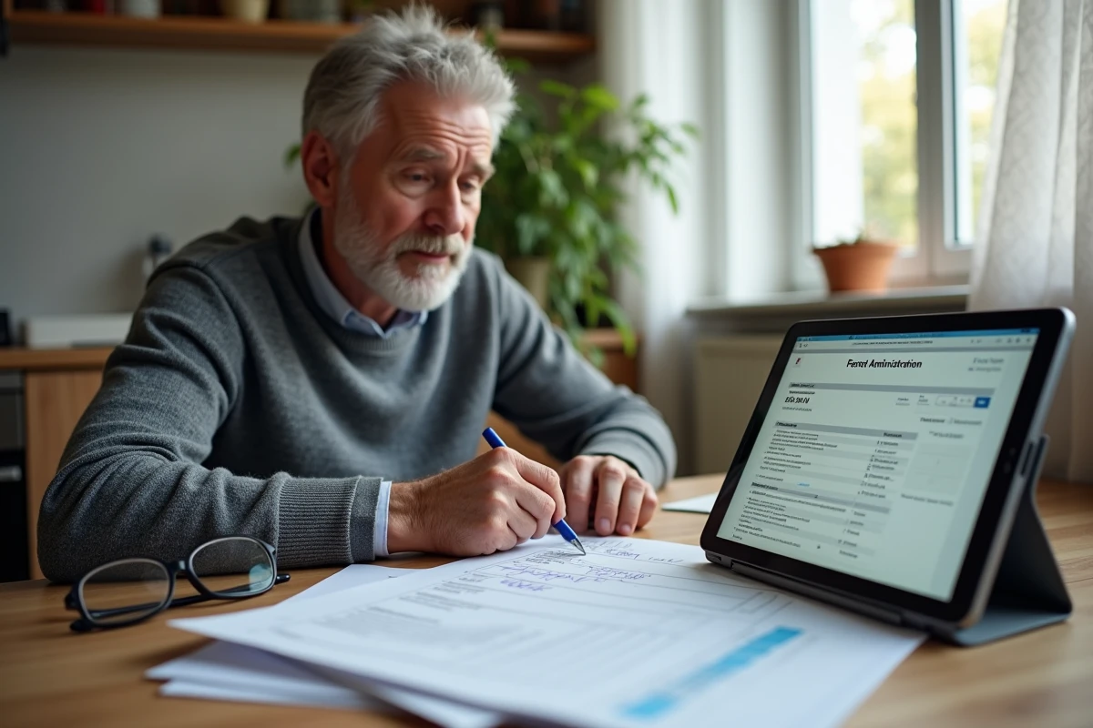 Personne âgée remplissant le formulaire H1 impôt 6650 à la cuisine avec une tablette