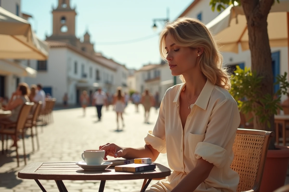 Femme en terrasse espagnole avec un paquet de cigarettes sur la table, symbolisant le coût du tabac en Espagne comparé à la France